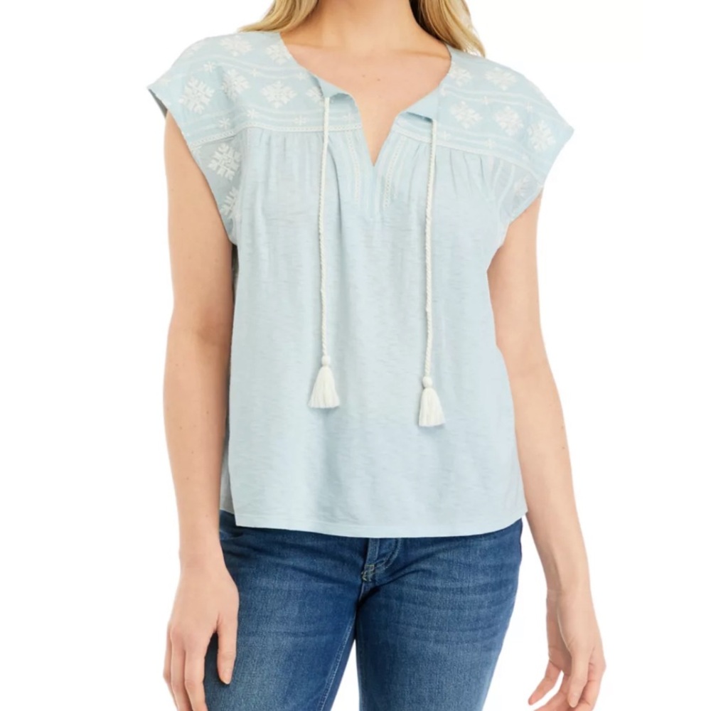 Wonderly Sky Blue Embroidered Blouse Womens Large